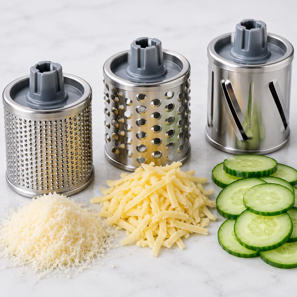Os 3 tambores de aço inox: ralar fino, ralar grosso e fatiar