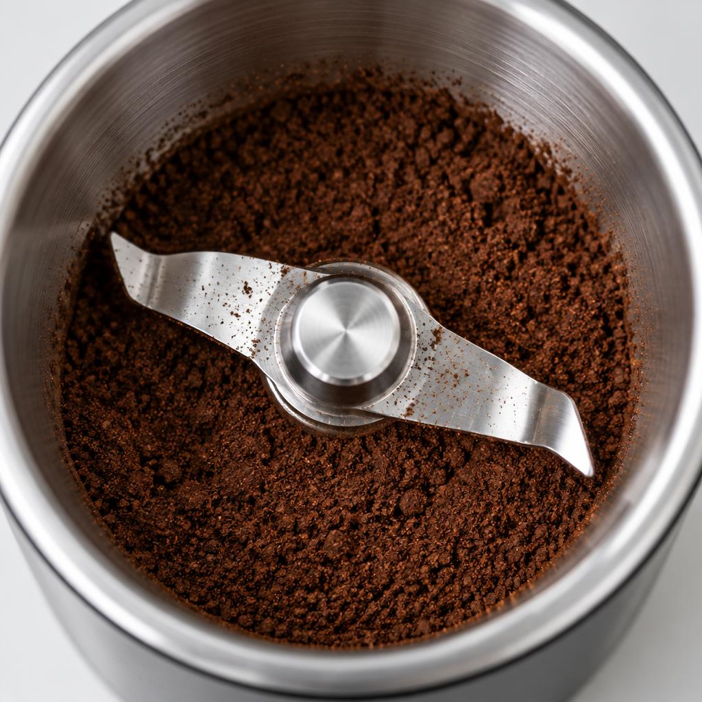 Detalhe das lâminas de aço inox com café moído