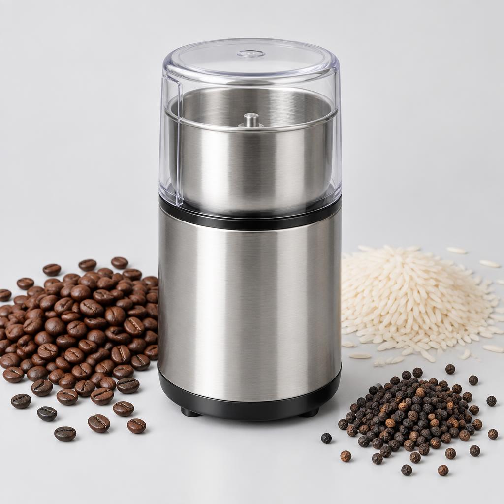 Moedor com café, arroz e pimenta-do-reino ao redor