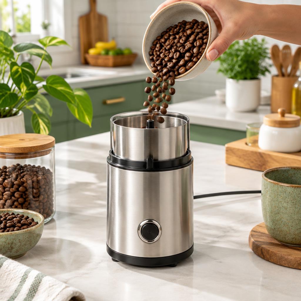 Moedor elétrico em uso com grãos de café na cozinha