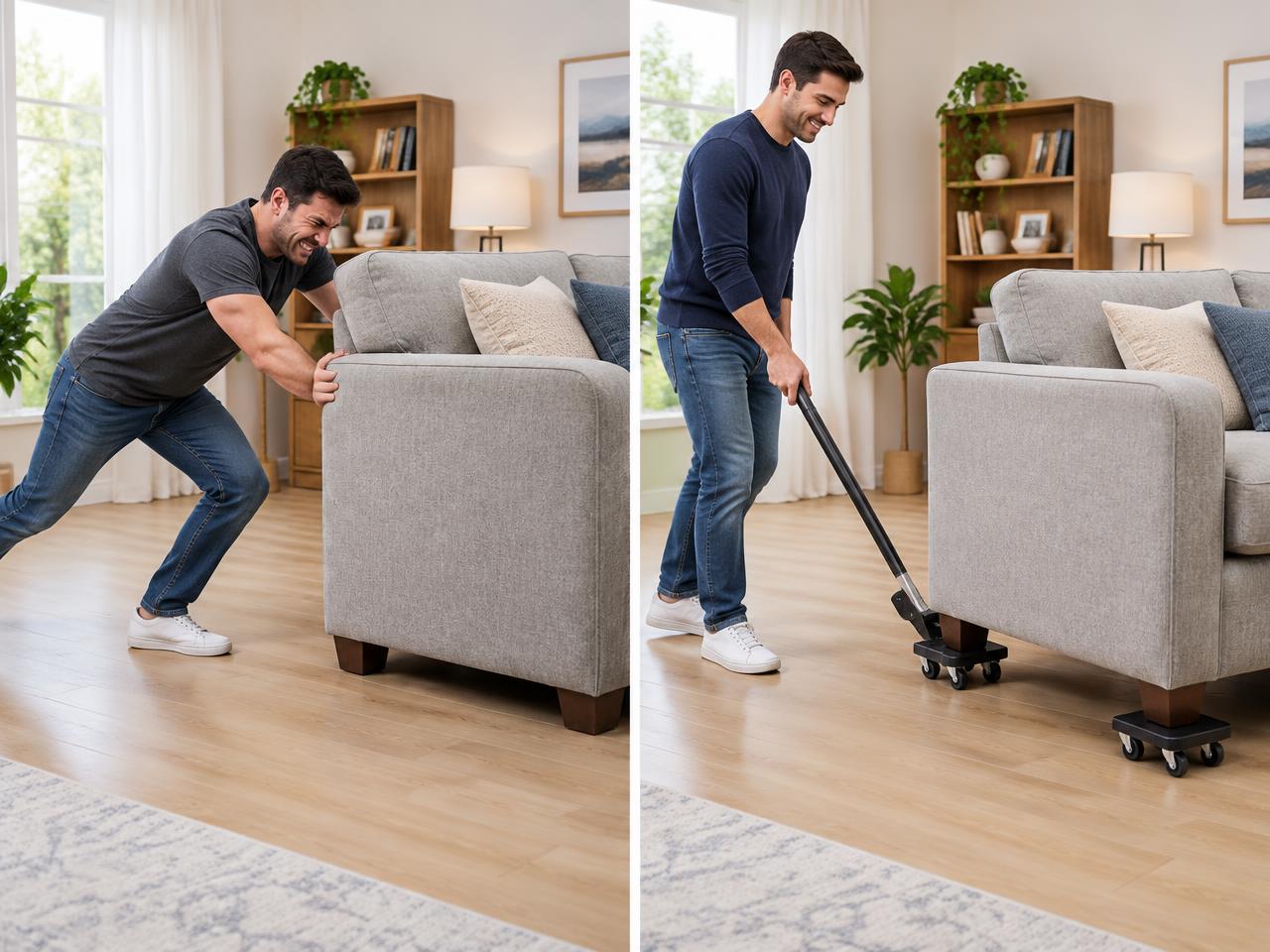 Comparação entre empurrar sofá pesado no braço e usar o kit MoveFácil Zuri