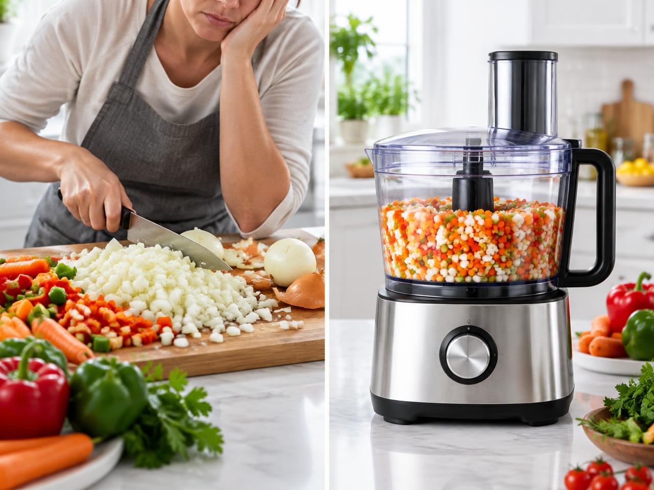 Comparação entre picar legumes na faca e usar o processador Zuri