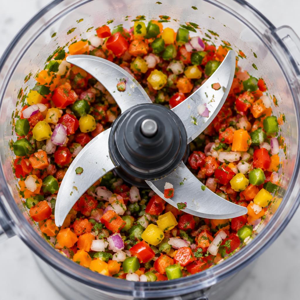 Detalhe das 4 lâminas de aço inox com legumes picados