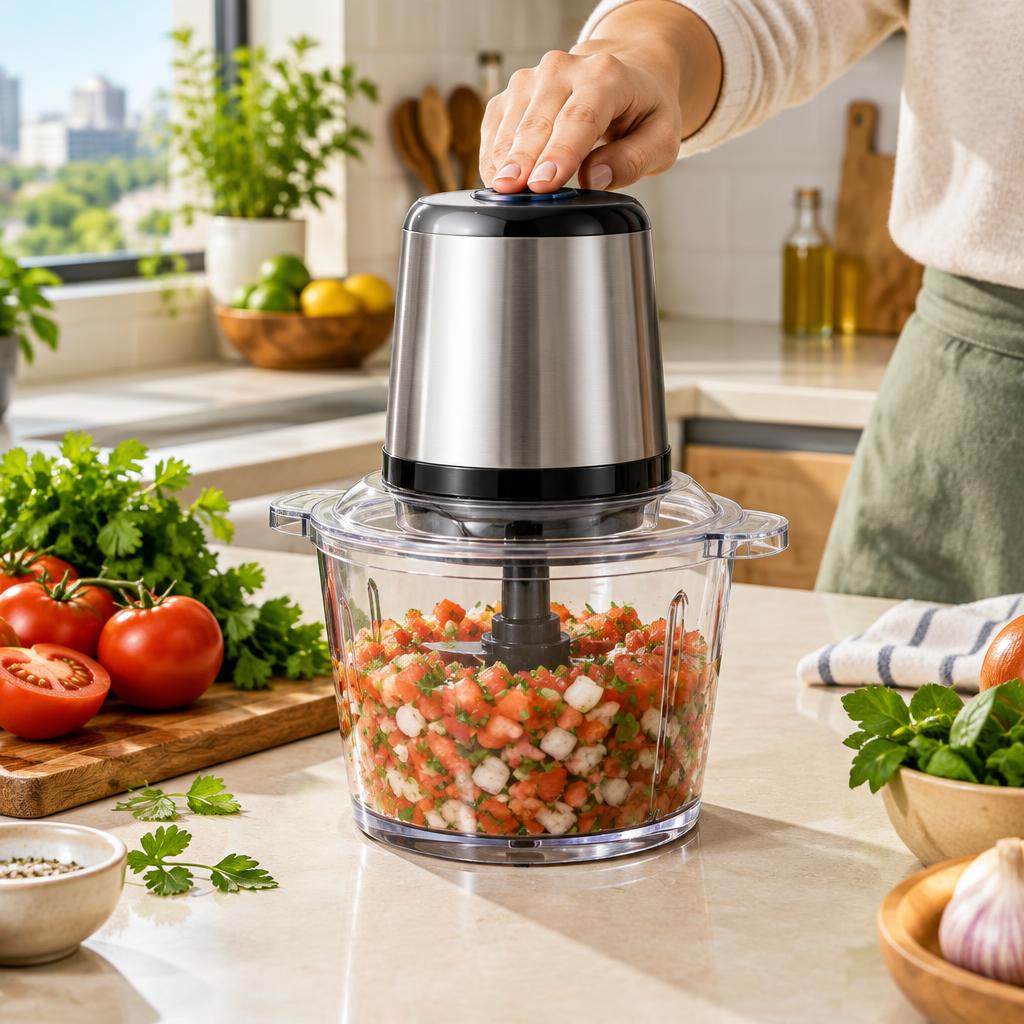 Processador em uso triturando legumes na cozinha